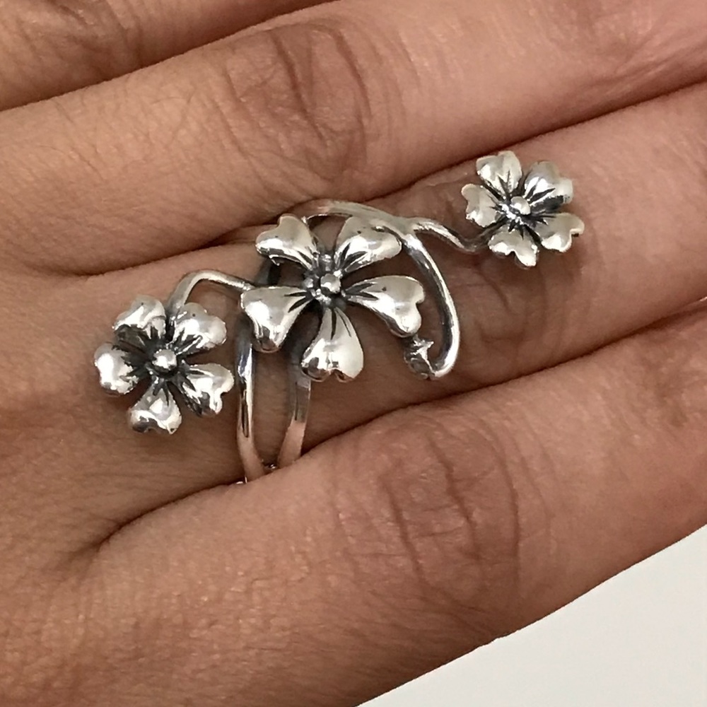 Sterling Silver Long Flower Ring